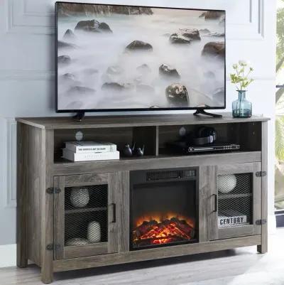 MONDWE Modern Farmhouse TV Stand with Electric Fireplace, Fit up to 65" Flat Screen TV with Storage Cabinet and Adjustable Shelves Industrial Entertainment Center for Living Room, Grey