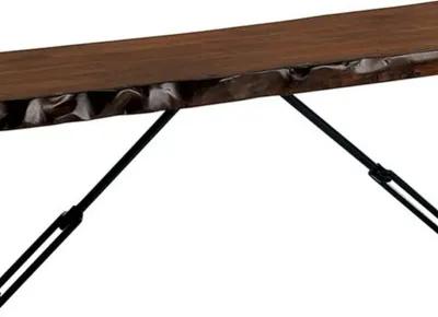 Rectangular Metal Frame Bench with Wooden Seat, Black and Brown-Benzara