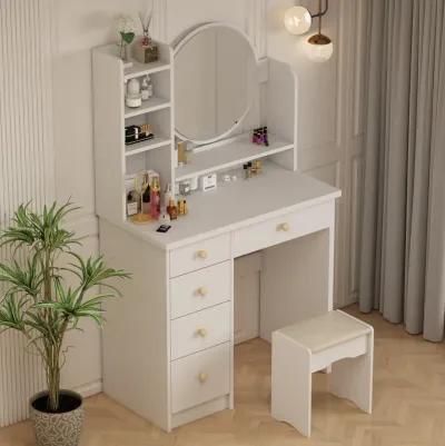 5-Drawers White Makeup Vanity Table Set with Stool Dressing Desk Vanity Wood with Round Mirror Storage Shelves