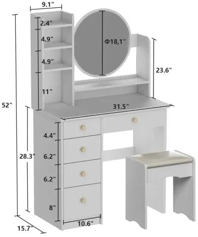 5-Drawers White Makeup Vanity Table Set with Stool Dressing Desk Vanity Wood with Round Mirror Storage Shelves