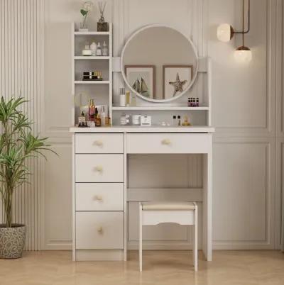 5-Drawers White Makeup Vanity Table Set with Stool Dressing Desk Vanity Wood with Round Mirror Storage Shelves