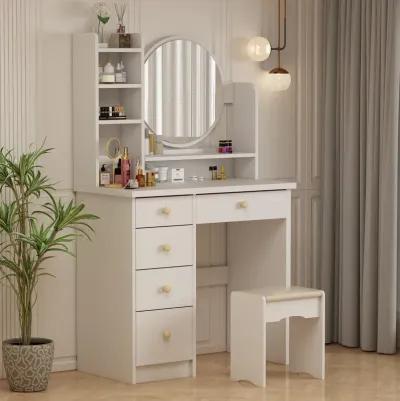 5-Drawers White Makeup Vanity Table Set with Stool Dressing Desk Vanity Wood with Round Mirror Storage Shelves