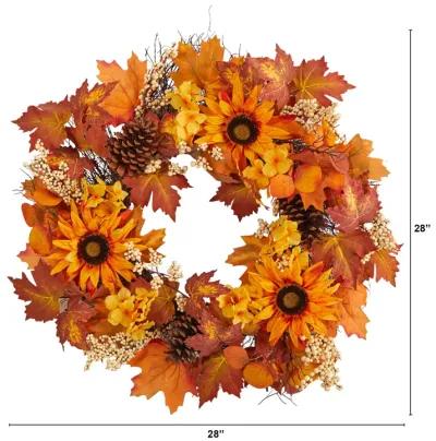 HomPlanti 28" Autumn Maple Leaves, Sunflower, White Berries and Pinecones Artificial Fall Wreath