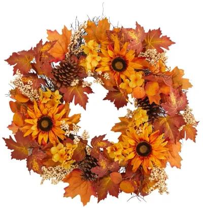 HomPlanti 28" Autumn Maple Leaves, Sunflower, White Berries and Pinecones Artificial Fall Wreath