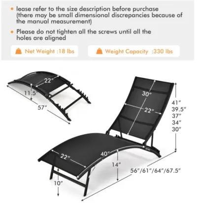 Hivvago 2 Pieces Patio Folding Stackable Lounge Chair Chaise with Armrest-Black