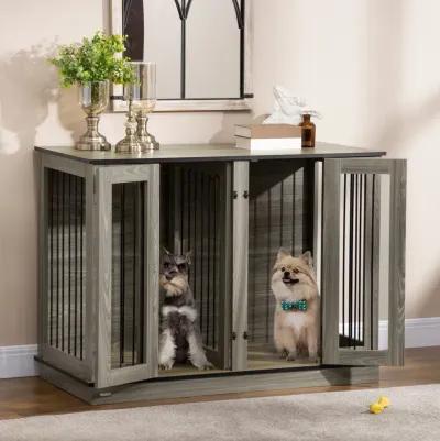 Dark Walnut Pet Crate: Furniture Style Dog House with Double Doors