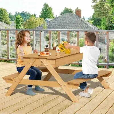 3-in-1 Kids Picnic Table Wooden Outdoor Water Sand Table with Play Boxes - Natural