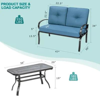 2 Pieces Patio Outdoor Cushioned Coffee Table Seat-Blue