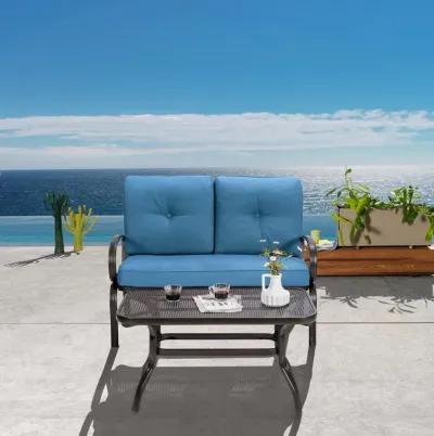 2 Pieces Patio Outdoor Cushioned Coffee Table Seat-Blue