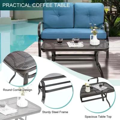 2 Pieces Patio Outdoor Cushioned Coffee Table Seat-Blue