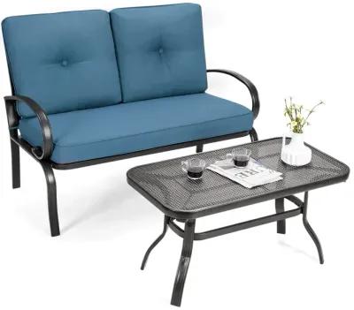 2 Pieces Patio Outdoor Cushioned Coffee Table Seat-Blue