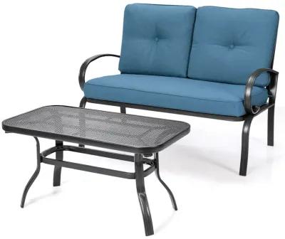 2 Pieces Patio Outdoor Cushioned Coffee Table Seat-Blue