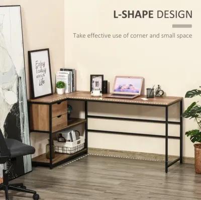 L-Shaped Home Office Desk with Storage Shelves & Steel Frame