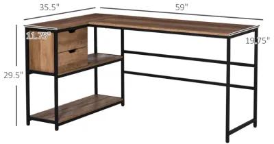 L-Shaped Home Office Desk with Storage Shelves & Steel Frame