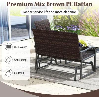 4-Piece Patio Gliding Set with Wicker Swing Glider and All-Weather Cushions, Tempered Glass Coffee Table