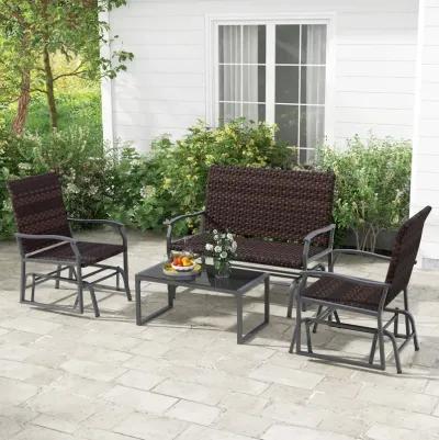 4-Piece Patio Gliding Set with Wicker Swing Glider and All-Weather Cushions, Tempered Glass Coffee Table