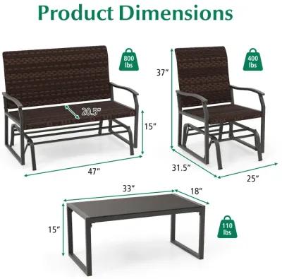 4-Piece Patio Gliding Set with Wicker Swing Glider and All-Weather Cushions, Tempered Glass Coffee Table