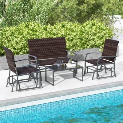 4-Piece Patio Gliding Set with Wicker Swing Glider and All-Weather Cushions, Tempered Glass Coffee Table