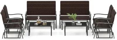 4-Piece Patio Gliding Set with Wicker Swing Glider and All-Weather Cushions, Tempered Glass Coffee Table