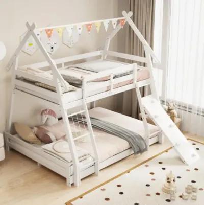 Twin Over Queen Bunk Bed Wooden Kids Bed with Climbing Nets and Ramp