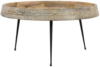 29 Inch Modern Handcrafted Round Coffee Table, Natural Brown Wood Top with Carved Edge, Black Iron Legs-Benzara