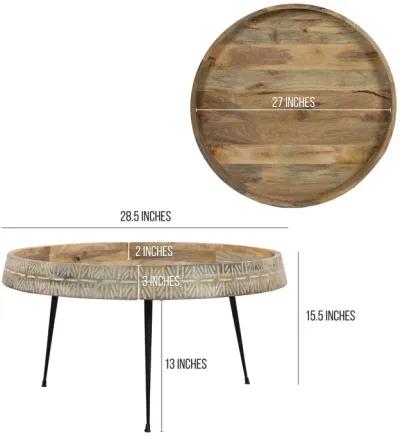 29 Inch Modern Handcrafted Round Coffee Table, Natural Brown Wood Top with Carved Edge, Black Iron Legs-Benzara