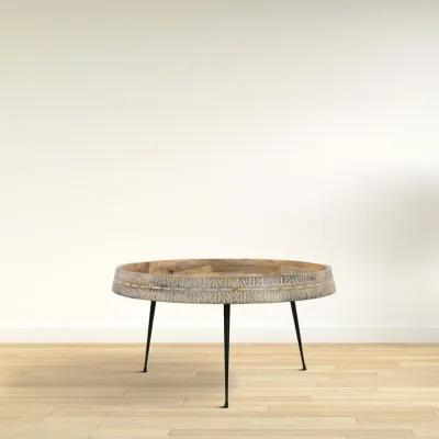 29 Inch Modern Handcrafted Round Coffee Table, Natural Brown Wood Top with Carved Edge, Black Iron Legs-Benzara