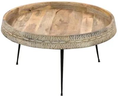 29 Inch Modern Handcrafted Round Coffee Table, Natural Brown Wood Top with Carved Edge, Black Iron Legs-Benzara