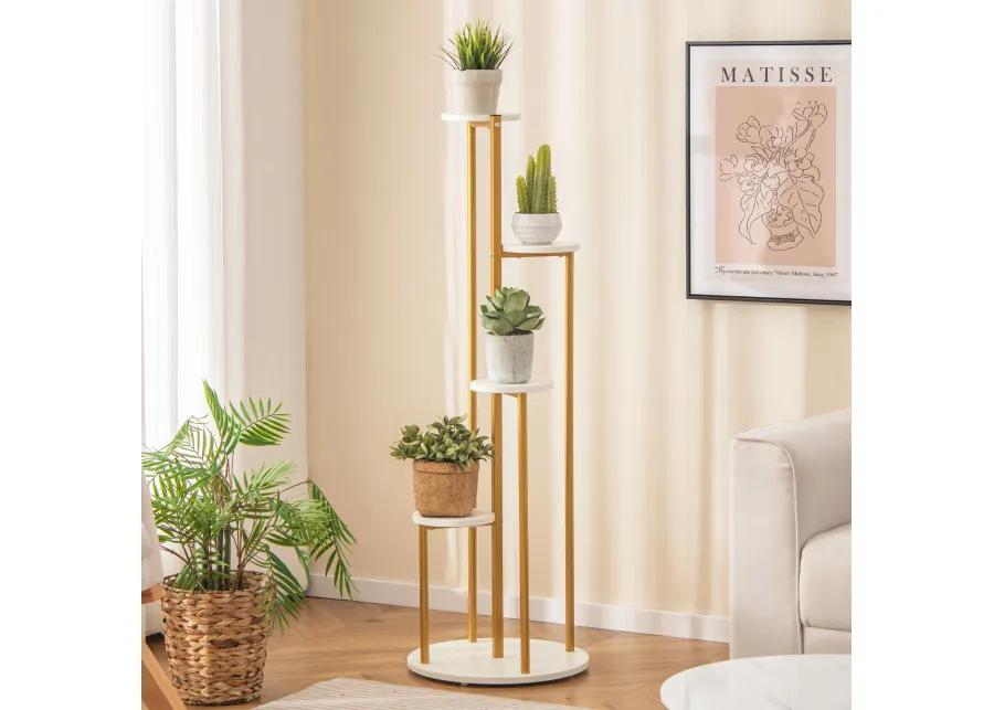 Indoor Metal Plant Stand Corner Plant Shelf for Potted Plant with Golden Metal Frame-White