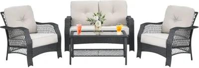 4 Pieces Patio Wicker Furniture Conversation Sets with Coffee Table and Cushions