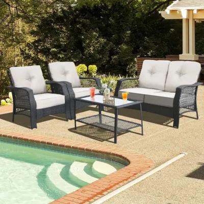 4 Pieces Patio Wicker Furniture Conversation Sets with Coffee Table and Cushions