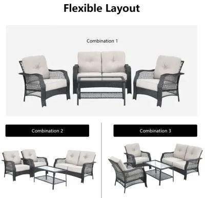 4 Pieces Patio Wicker Furniture Conversation Sets with Coffee Table and Cushions