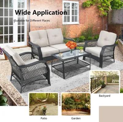 4 Pieces Patio Wicker Furniture Conversation Sets with Coffee Table and Cushions