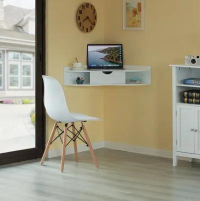 White Corner Desk Heart Shaped Wall Mounted Office Table with Drawer and Two Shelves Computer Writing Desk