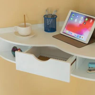 White Corner Desk Heart Shaped Wall Mounted Office Table with Drawer and Two Shelves Computer Writing Desk