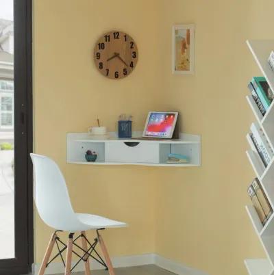 White Corner Desk Heart Shaped Wall Mounted Office Table with Drawer and Two Shelves Computer Writing Desk