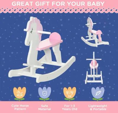 Pink/White Toddler Toy: Wooden Rocking Horse for 1-3 Years