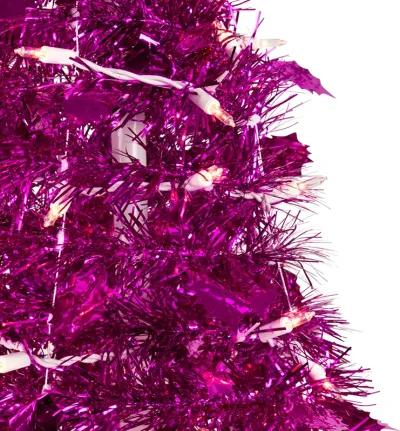 6' Pre-Lit Pink Tinsel Pop-Up Artificial Christmas Tree  Clear Lights