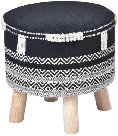 Homezia 16" Black And White Cotton And Natural Round Chevron Ottoman