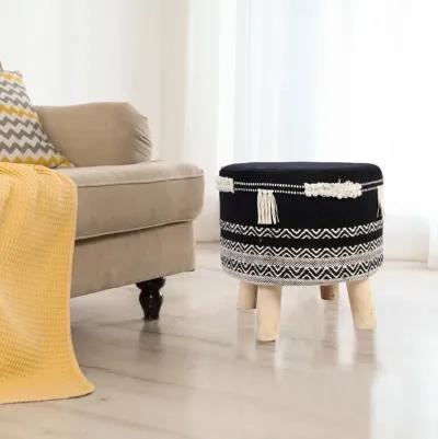 Homezia 16" Black And White Cotton And Natural Round Chevron Ottoman