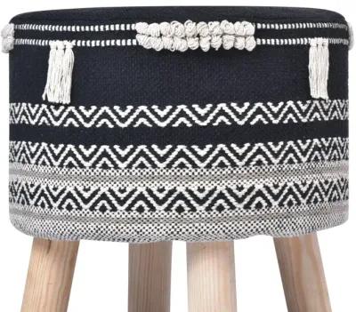 Homezia 16" Black And White Cotton And Natural Round Chevron Ottoman