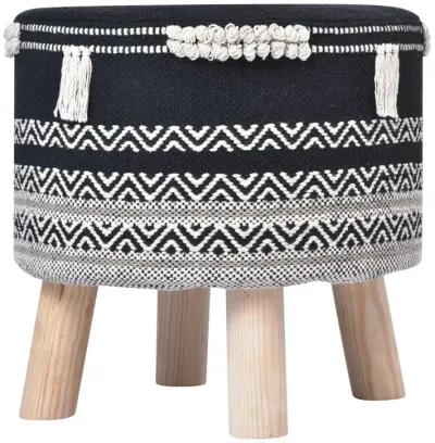 Homezia 16" Black And White Cotton And Natural Round Chevron Ottoman