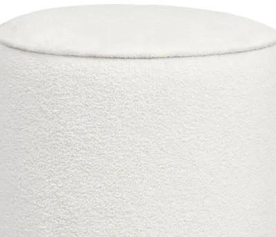 Zia 19 Inch Ottoman, White Faux Sheepskin Upholstery, Round Platform Base - Benzara