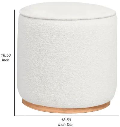 Zia 19 Inch Ottoman, White Faux Sheepskin Upholstery, Round Platform Base - Benzara