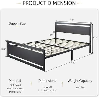 Hivvago Queen Black Metal Platform Bed Frame with Wood Panel Headboard and Footboard