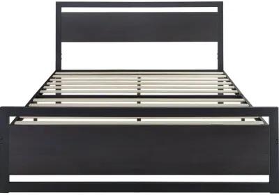 Hivvago Queen Black Metal Platform Bed Frame with Wood Panel Headboard and Footboard