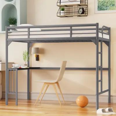 Twin Metal Loft Bed With Desk, Ladder And Guardrails, Bookdesk Under Bed