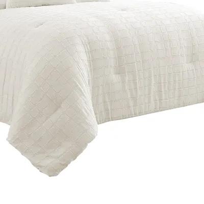 7 Piece Cotton Queen Comforter Set with Fringe Details, White-Benzara