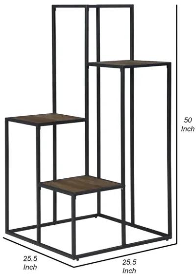 50 Inch 4 Tier Design Display Shelf, Metal Frame, Industrial, Brown, Black-Benzara