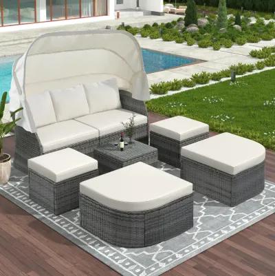 Merax Outdoor Patio Furniture Set Daybed Sunbed with Retractable Canopy Conversation Set Wicker Furniture